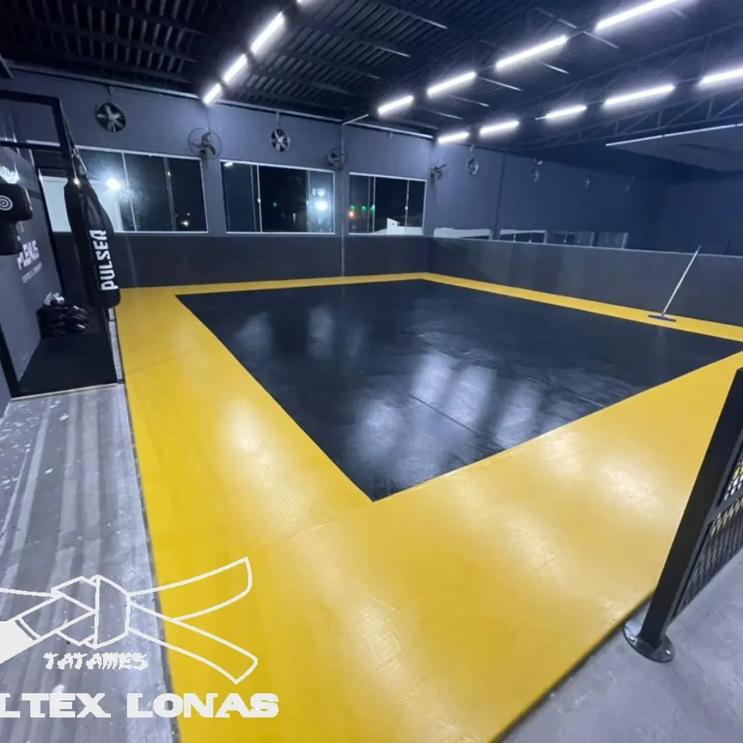 Tatame preto e amarelo da Shape Fit, com sacos de treino e iluminação no teto